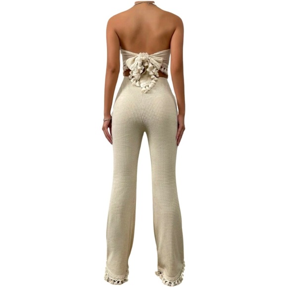 Cream Waffle/Knitted Tie Back Tassel Hem Tube Top & Wife Leg Pants Set | S | NWT - Picture 8 of 9